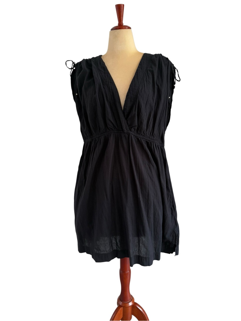 Ralph Lauren Black Cotton V-Neck Tie-Shoulder Mini Dress Swim Cover Up Size XL